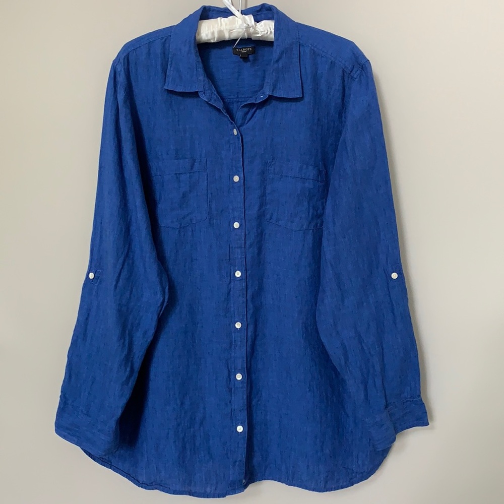 Talbots royal blue linen button down blouse long sleeve roll tabs pockets 2X